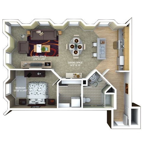 Floor plan for 1 bed, 1 bath, 984 sqft